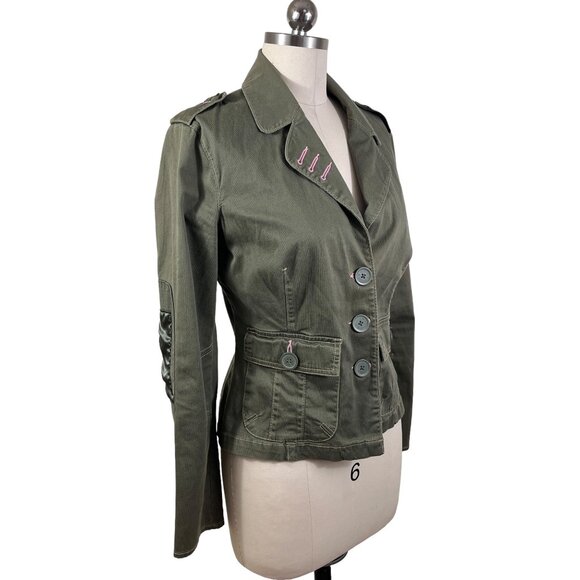 Plugg Y2K Blazer Womens Medium Green Military Utility Patch Sleeve 90s Grunge - Picture 3 of 13